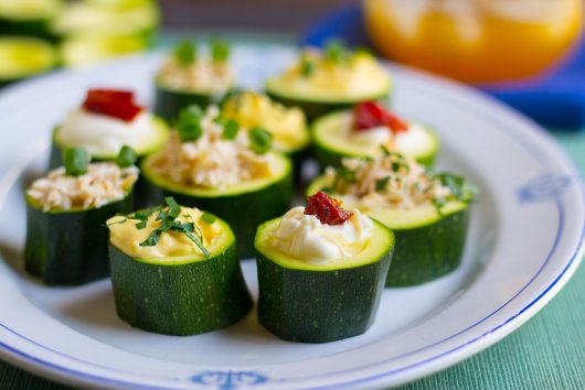 zucchini cups filled, on platter very close up 7-25-16
