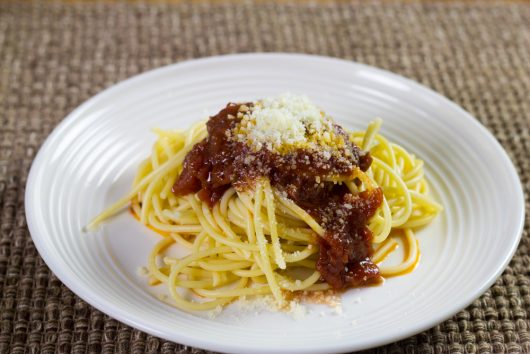 spaghetti, sauce, and cheese