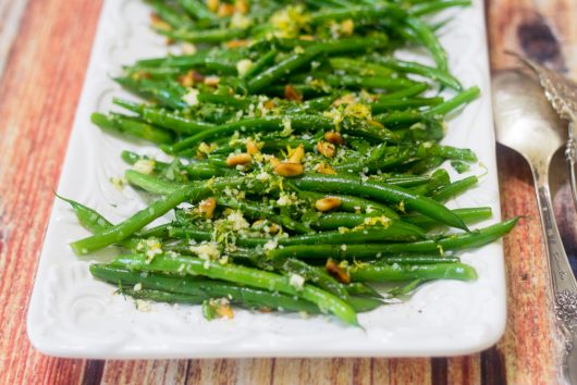 Green Beans Gremolata on a white platter