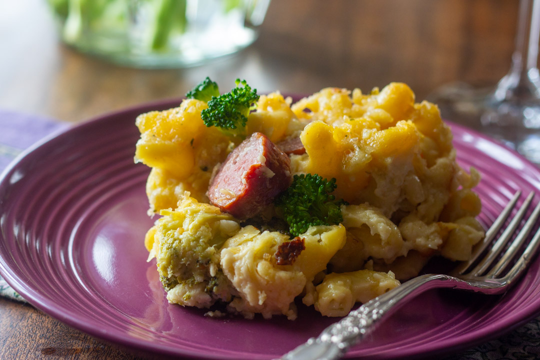 Macaroni & Cheese with Roasted Broccoli and Sausage Medallions Kevin
